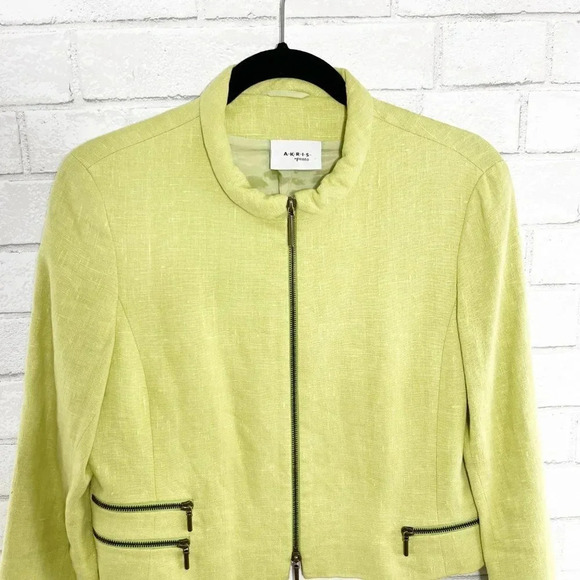 Akris Punto Lime Green 100% Linen Zip Front Blazer Jacket Women's Size 6 - Picture 3 of 9